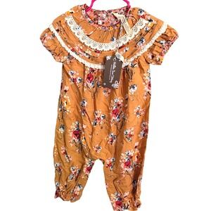 Matilda Jane Clothing Baby Girl Romper Jumpsuit Floral Print Tan White Lace 6 12